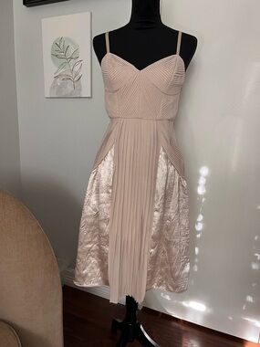 French Connection Dusty Blush Pleated Midi Dress with Satin Panels